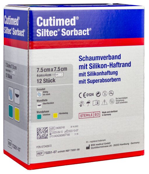 Cutimed® Siltec® Sorbact® 7,5 cm x 7,5 cm / 4 x 4 cm / 12 Stück